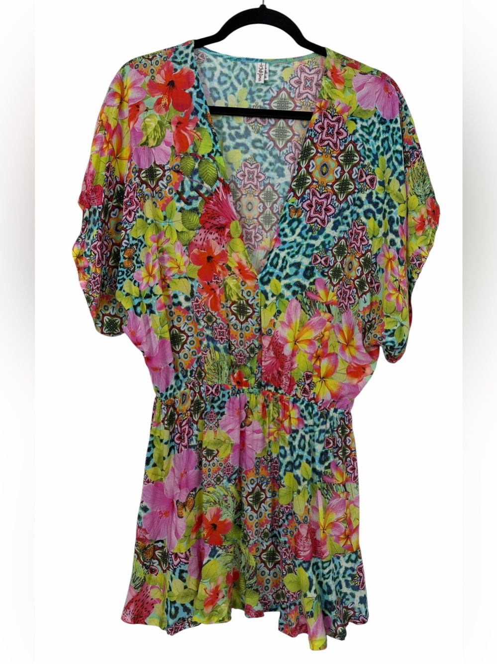 Luli Fama V-Neck Ruffle Hem Mini Dress Swim Coverup Resortwear Size Medium